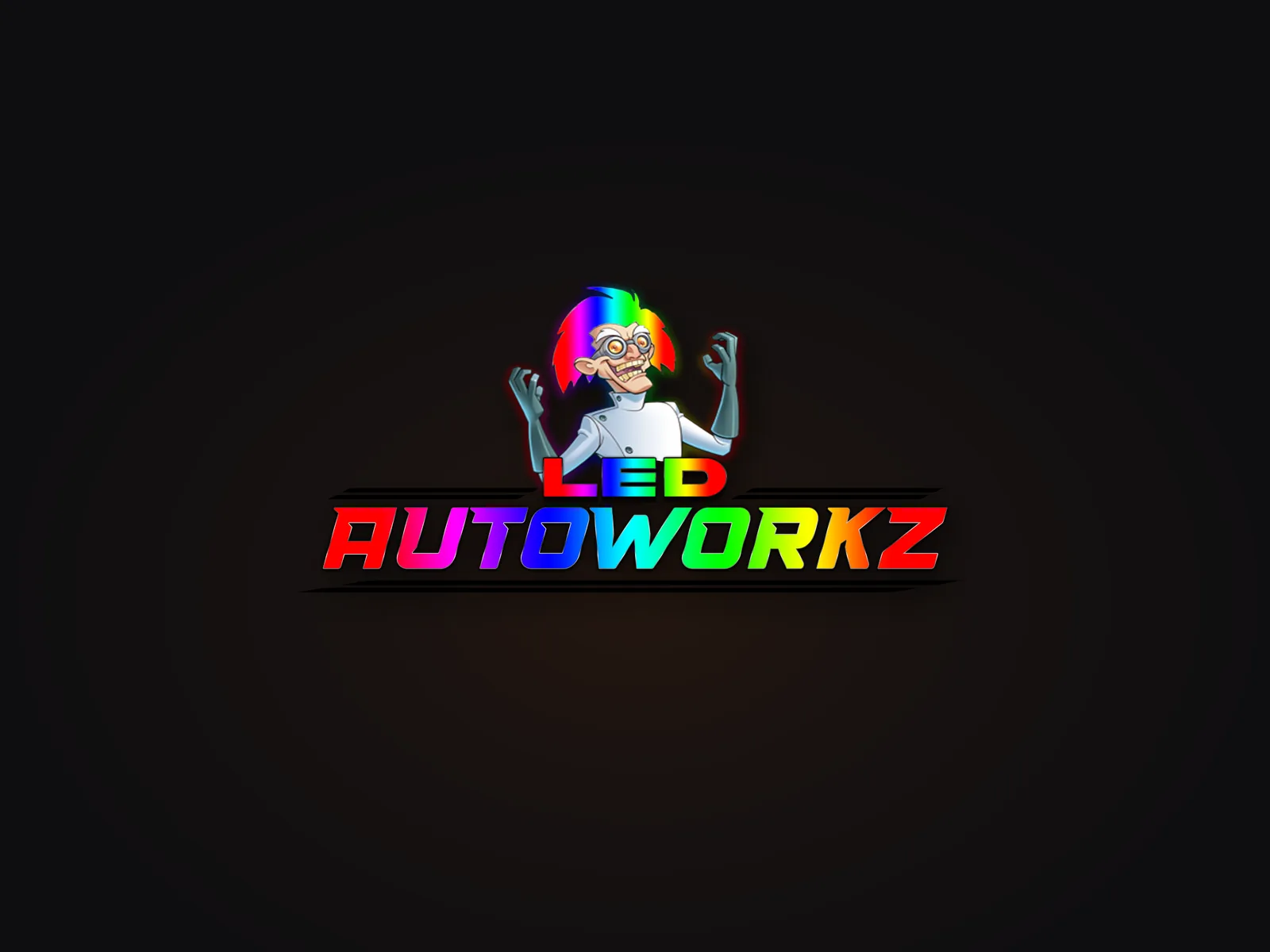 The LED Autoworkz full-color logo with its mad-scientist character