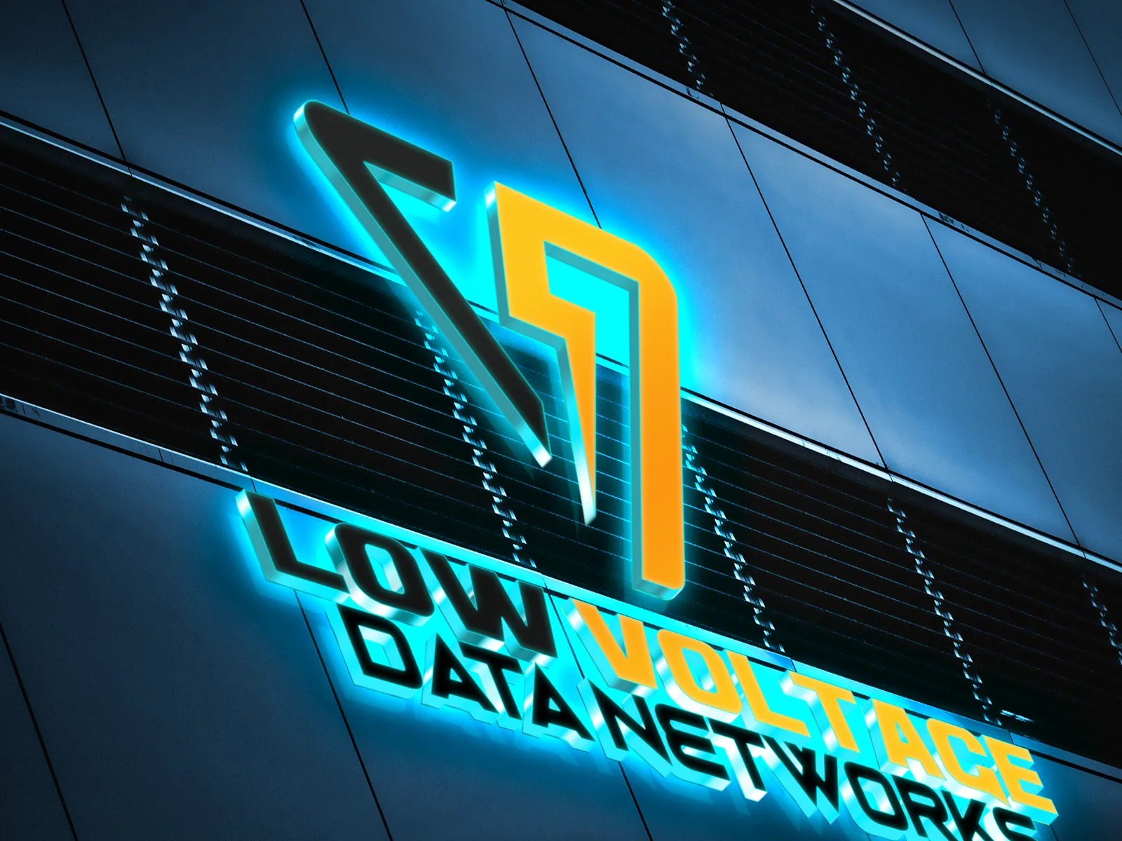 The Low Voltage Data Networks logo as an illuminated sign on a building mockup