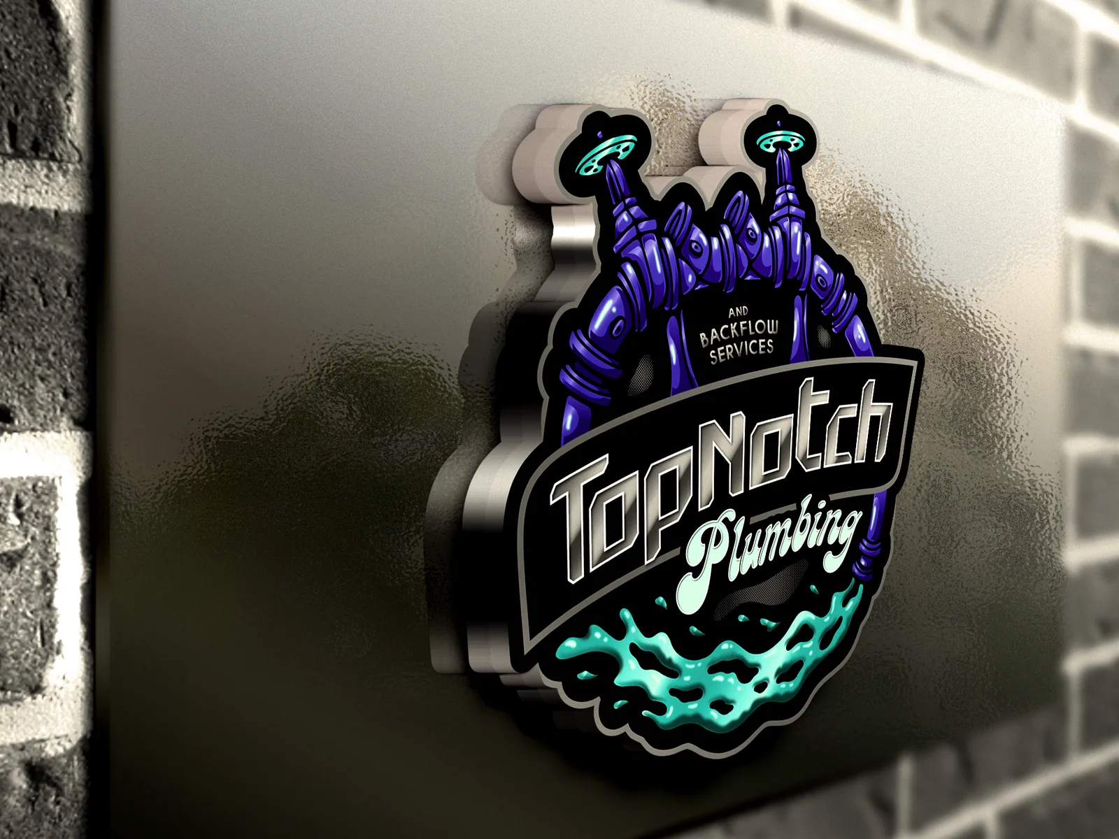 The Top Notch Plumbing 3D logo sign mounted on a brick wall
