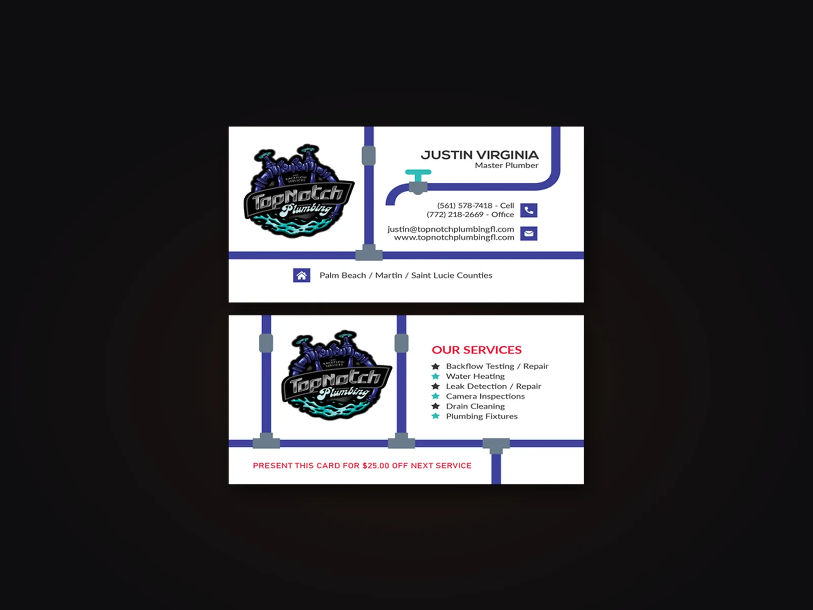 Top Notch Plumbing business cards, front and back